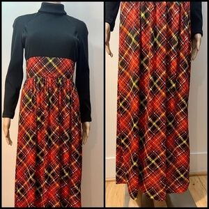Vintage 70’s Long Sleeve Red Black Ribbed Plaid Empire Waist Maxi Dress
